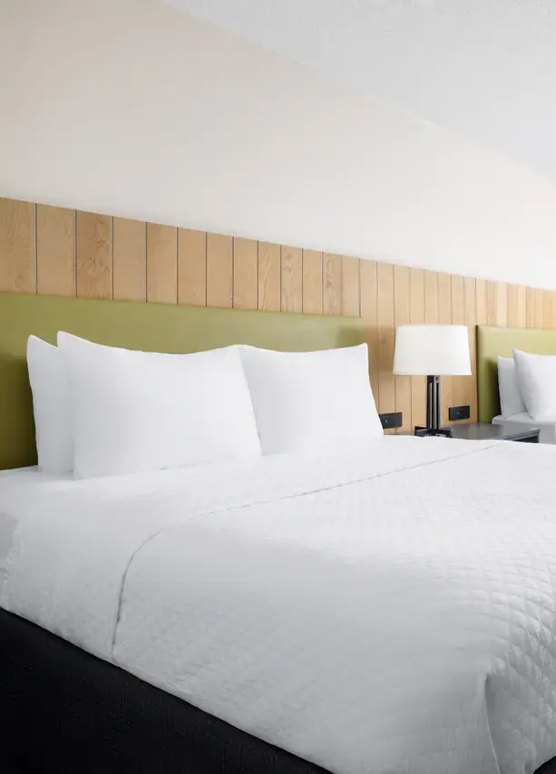 Guest room with queen bed and warm wood headboard